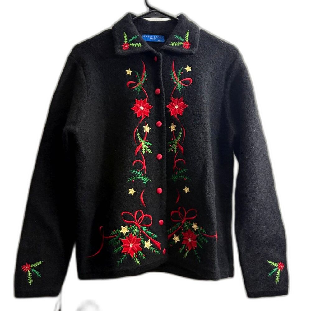 Women's Vintage Karen Scott Black Wool Christmas Embroidered Cardigan Sz Petite
